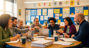 Enseignants en réunion pédagogique utilisant des outils d’évaluation numérique